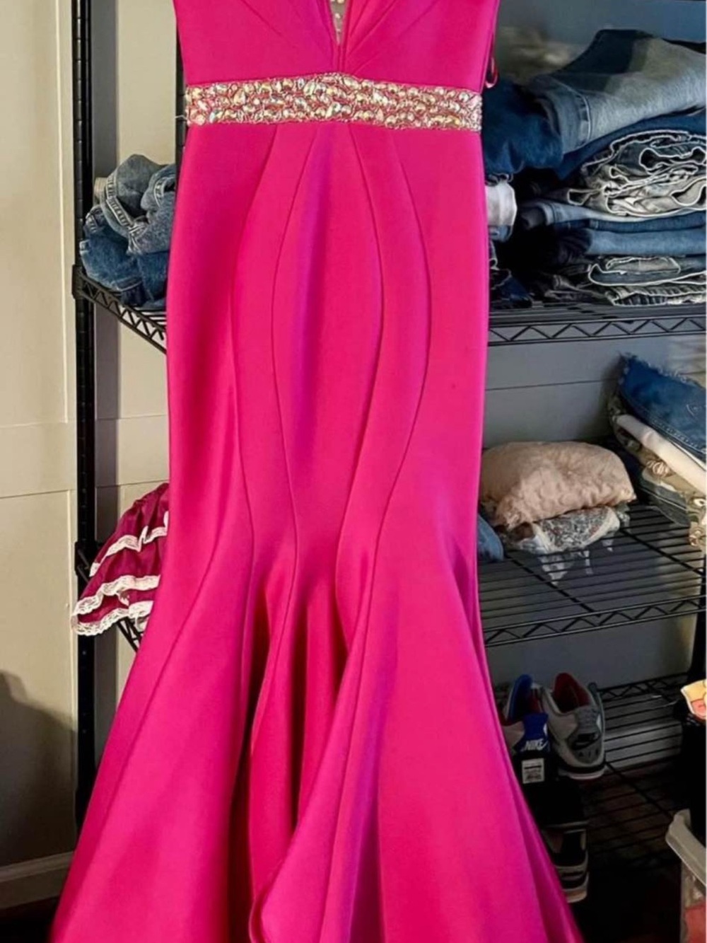Elegant Fuchsia Evening Gown with Embellished Waist